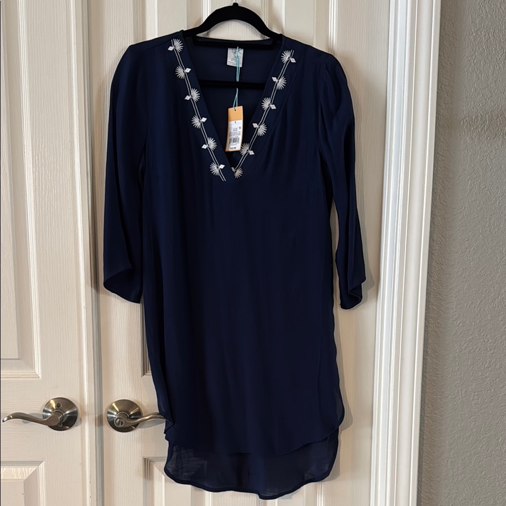 Navy Blue Tunic with Embroidered Neckline swimsuit coverup
